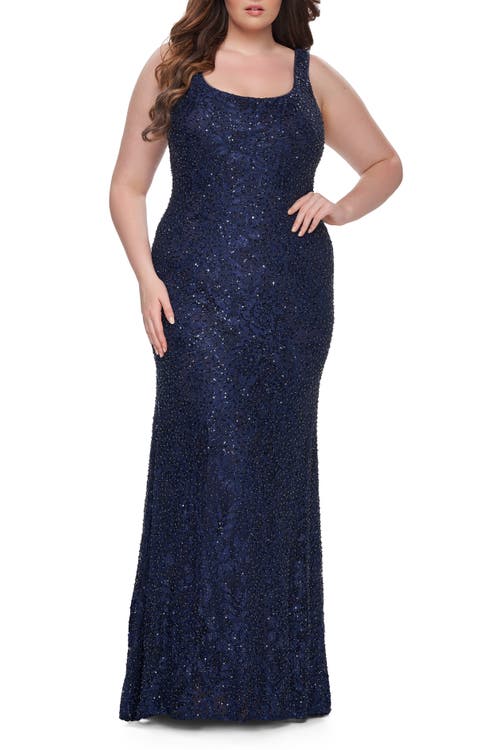 La Femme Beaded Lace Plus Size Fitted Dress With Square Neckline In Black