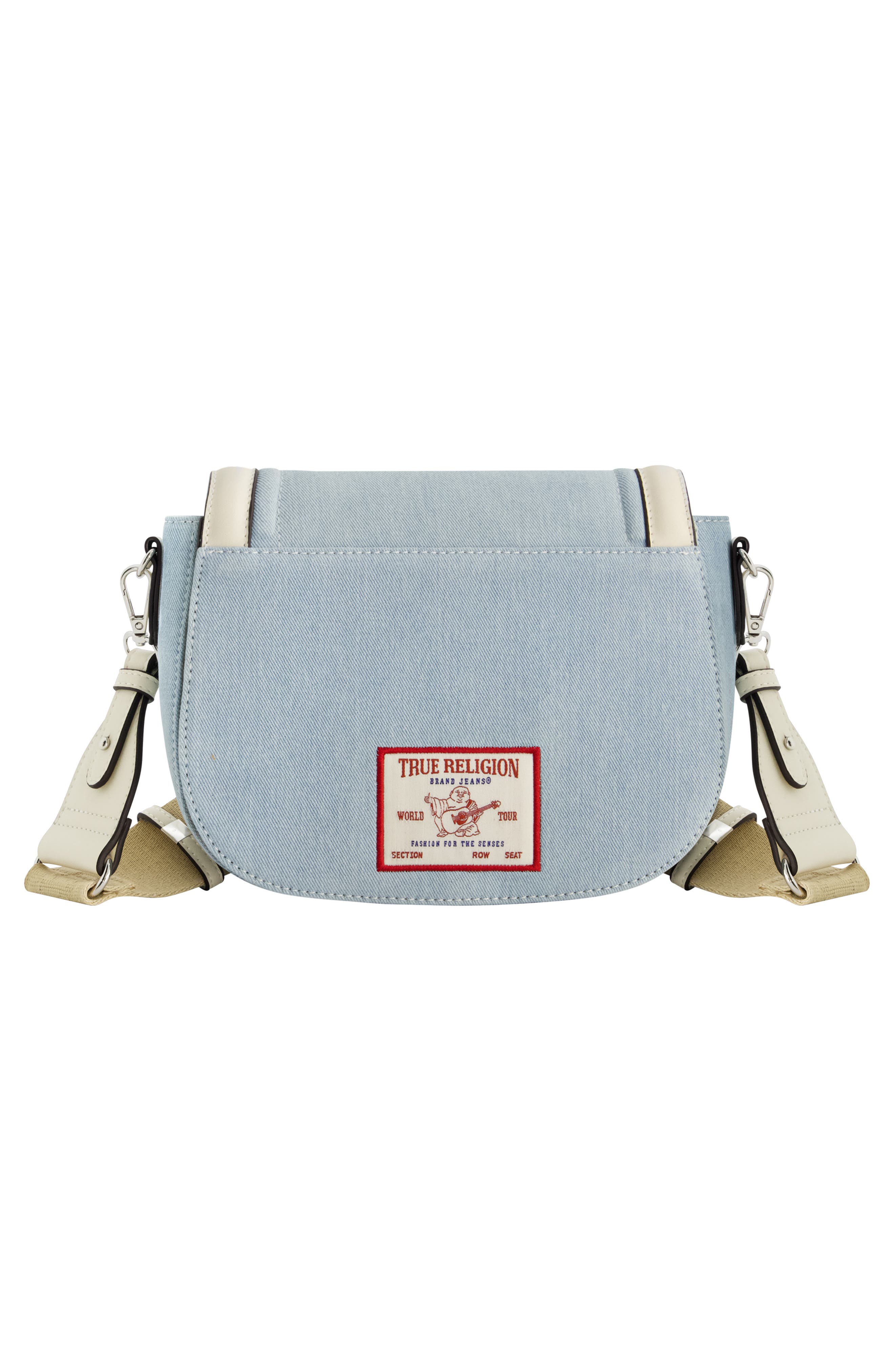 Distressed Logo Denim Saddle Bag, Alternate, color, LIGHT BLUE