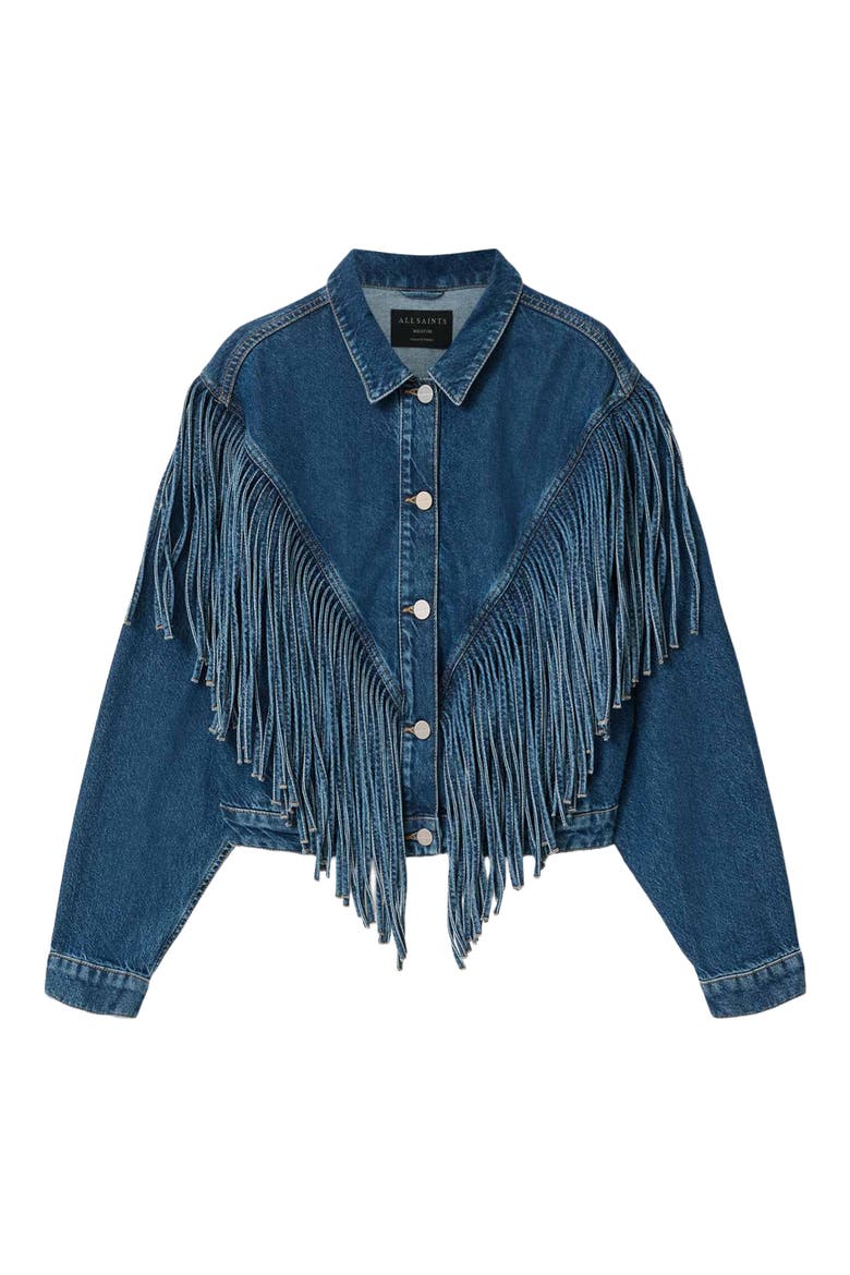 Marlene Fringe Trim Denim Jacket, Alternate, color, DARK INDIGO
