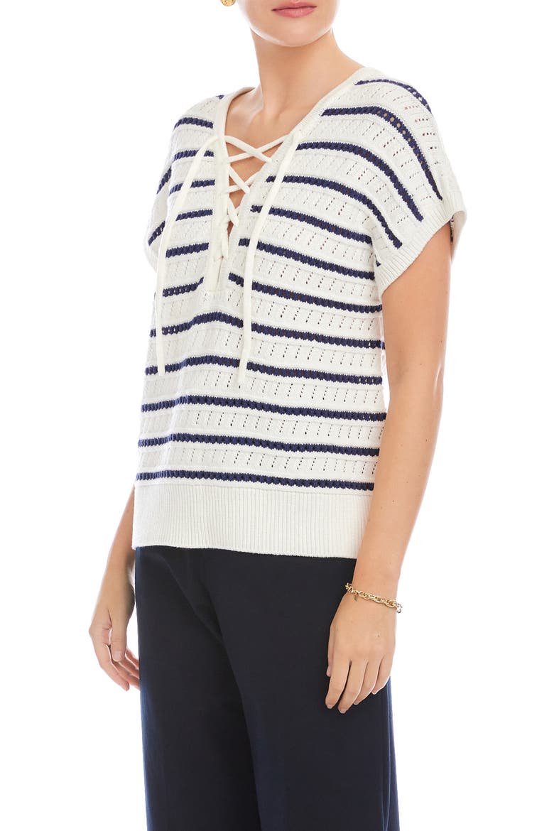 Beth Stripe Lace-Up Cotton Blend Pointelle Sweater, Alternate, color, OFF WHITE