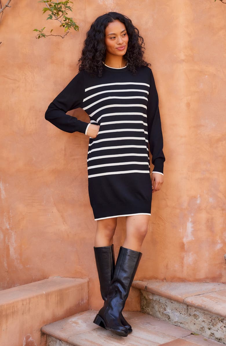 Karen Kane Long Sleeve Stripe Sweater Dress, Alternate, color, Black/ Cream