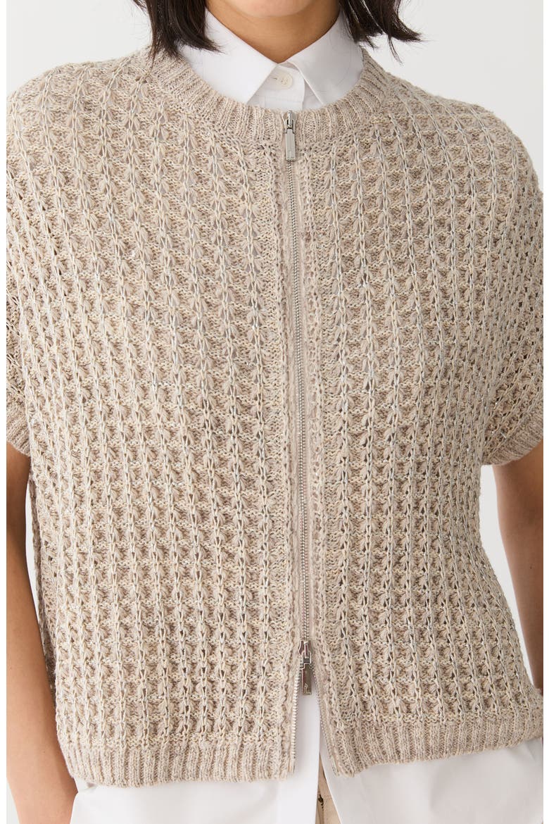 Short Sleeve Metallic Linen Blend Pointelle Cardigan, Alternate, color, SANDSTONE METALLIC