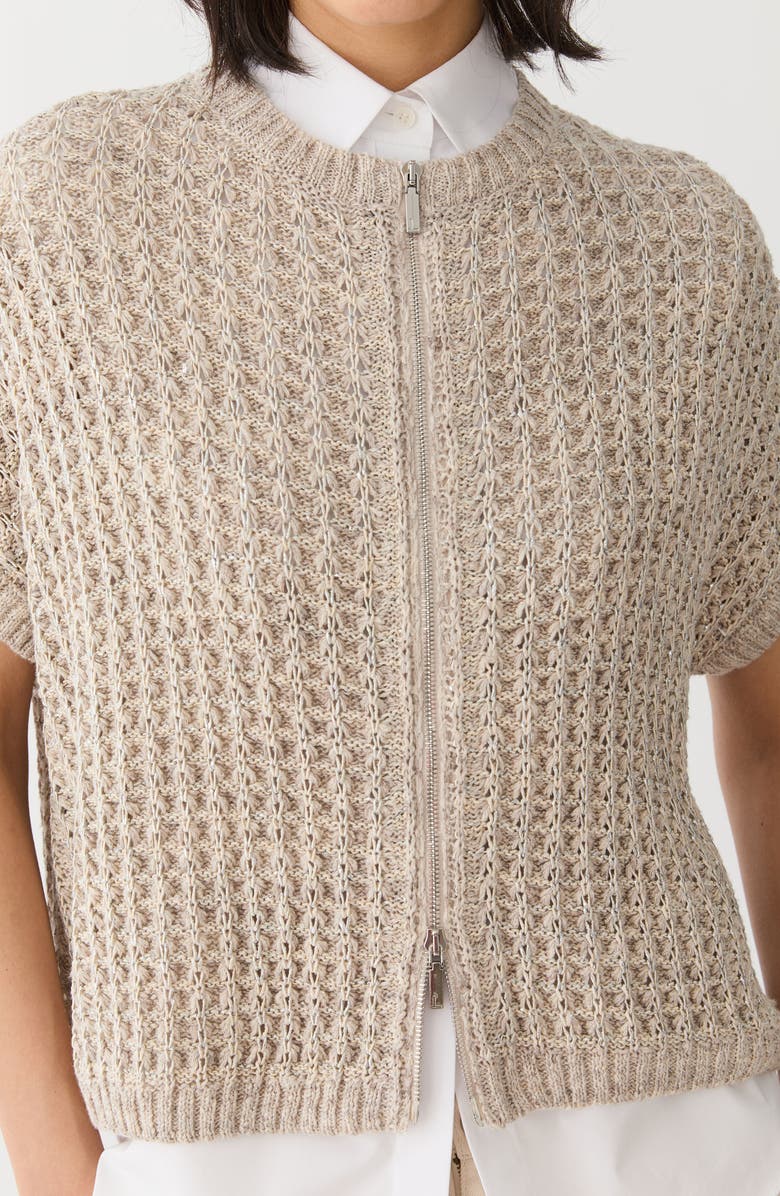 Lafayette 148 New York Short Sleeve Metallic Linen Blend Pointelle Cardigan, Alternate, color, Sandstone Metallic