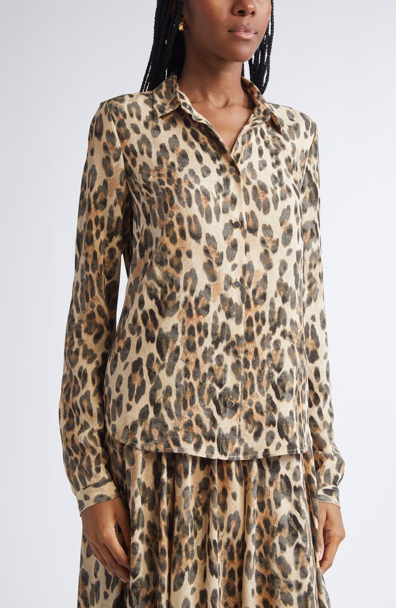 ST. JOHN Leopard Print Silk Georgette Button-Up Shirt, Alternate, color, Brlt Bronze Latte Multi
