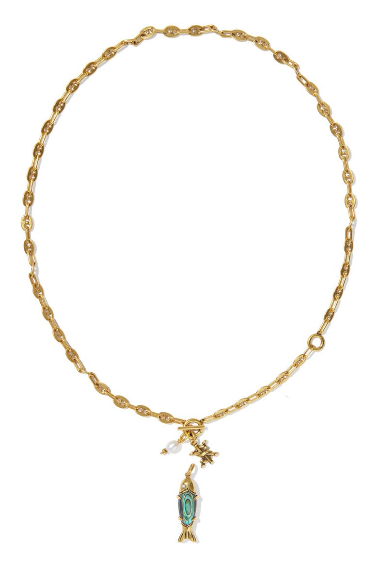 Parker Fish & Cultured Freshwater Pearl Pendant Necklace, Alternate, color, VINTAGE GOLD ABALONE SHELL