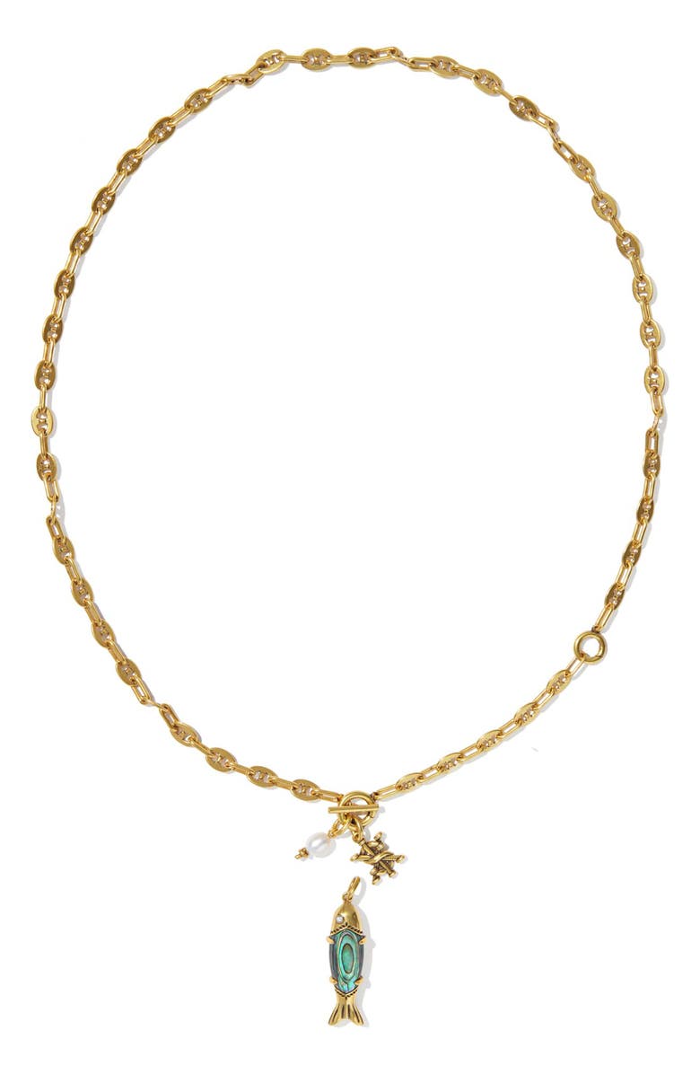 Kendra Scott Parker Fish & Cultured Freshwater Pearl Pendant Necklace, Alternate, color, Vintage Gold Abalone Shell