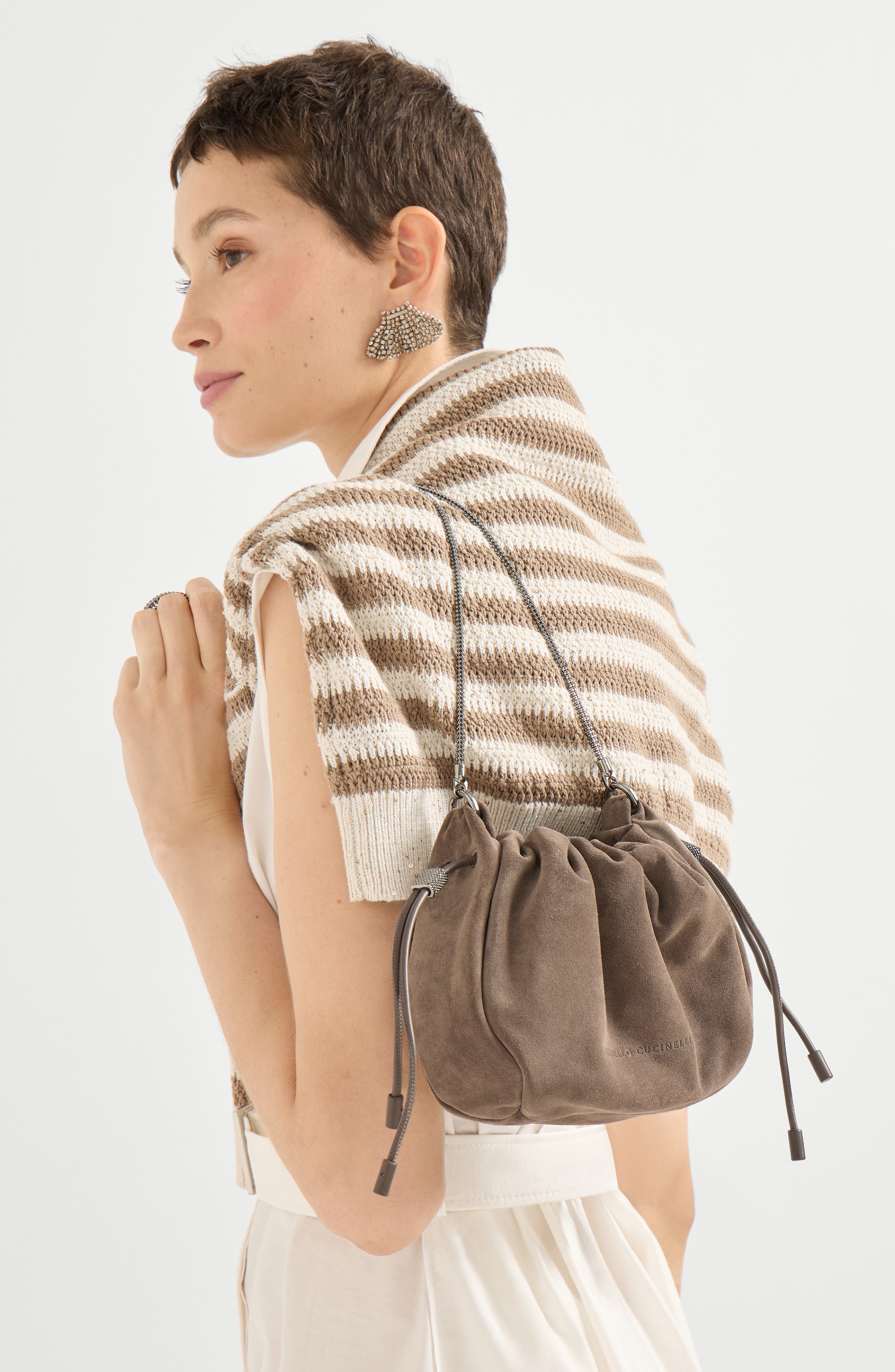 Brunello Cucinelli Suede mini Mellow Bucket bag, Alternate, color, Light Brown