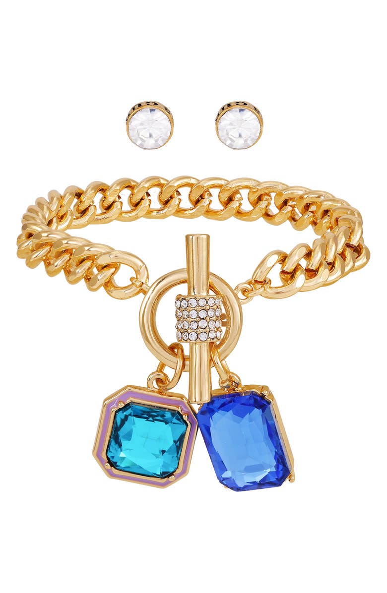 GUESS Toggle Bracelet & Stud Earrings Set, Alternate, color, Gold/Blue