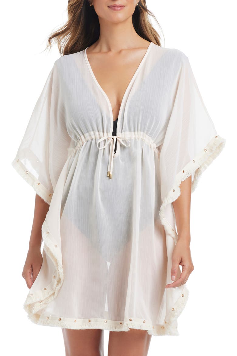 Fringe Trim Sheer Cover-Up Caftan, Main, color, COCONUT WATER