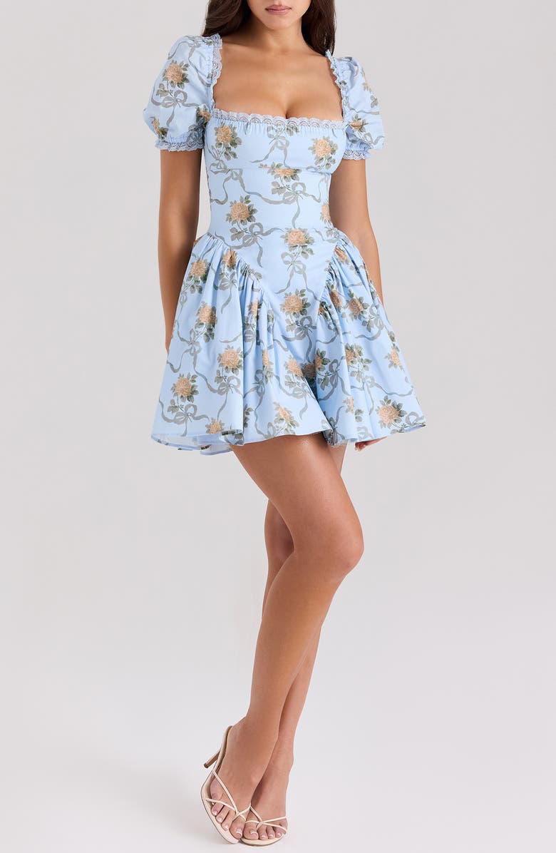 HOUSE OF CB Rosie Puff Sleeve Stretch Cotton Mini Sundress, Main, color, Yellow Rose Blue