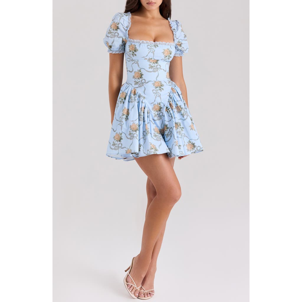 House Of Cb Rosie Puff Sleeve Stretch Cotton Mini Sundress In Yellow Rose Blue