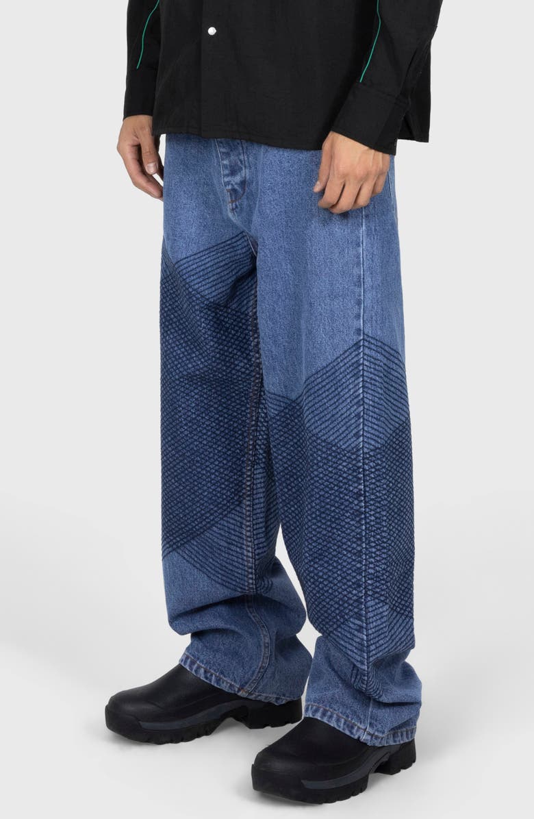 PLEASURES Grid Embroidered Baggy Jeans, Alternate, color, Indigo