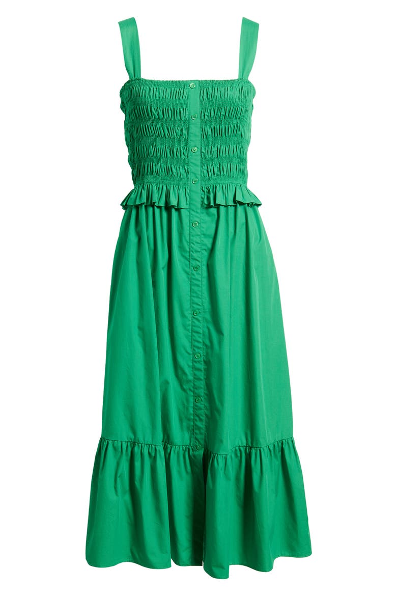 Smock Bodice Cotton Midi Sundress, Alternate, color, GREEN