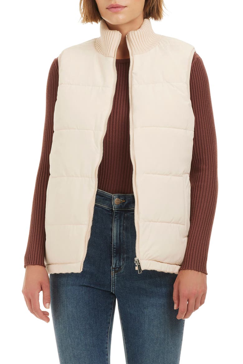 Reversible Zip Cable Stitch & Puffer Vest, Alternate, color, VANILLA LATTE