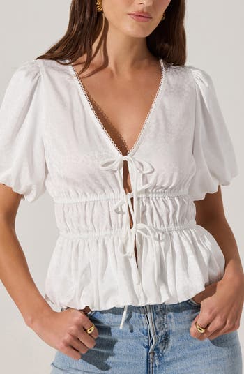 Floral Jacquard Tie Front Puff Sleeve Top