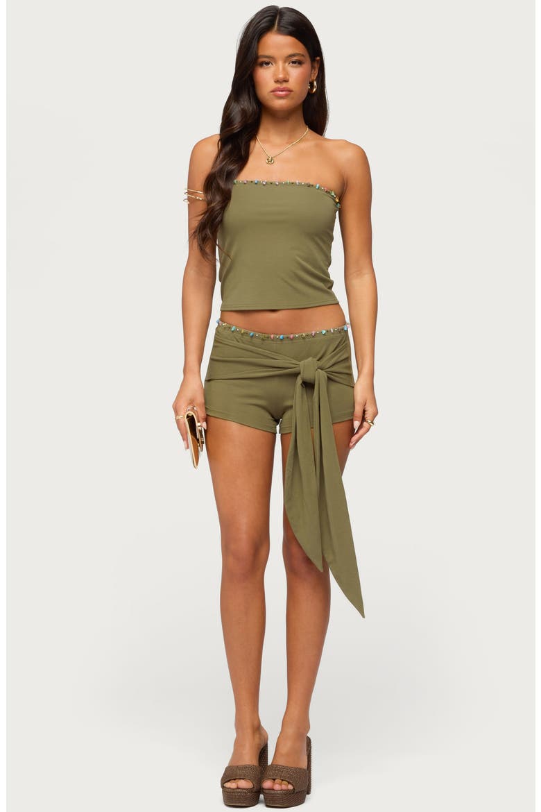 Monroah Beaded Low Rise Tie Waist Shorts, Alternate, color, OLIVE
