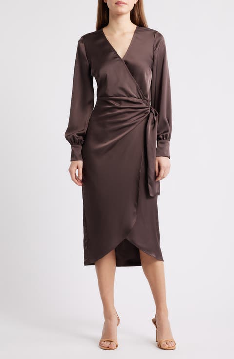 Long Sleeve Faux Wrap Satin Dress