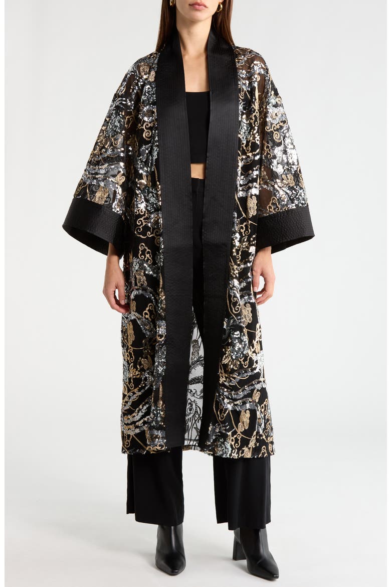 Jin Sequin Embellished Open Front Ruana, Main, color, BLACK/ GUNMETAL/ GOLD MULTI