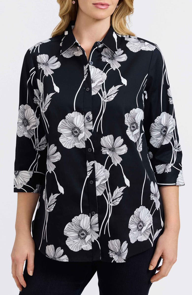 Foxcroft Marina Poppy Print Cotton Button-Up Shirt, Main, color, Black/ White