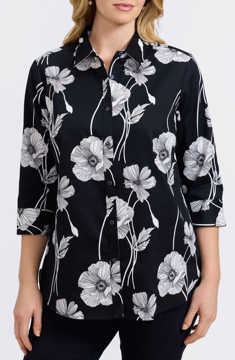 Marina Poppy Print Cotton Button-Up Shirt (Plus)