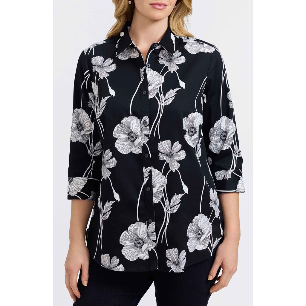 Foxcroft Agnes Poppy Print Three-quarter Sleeve Popover Top
