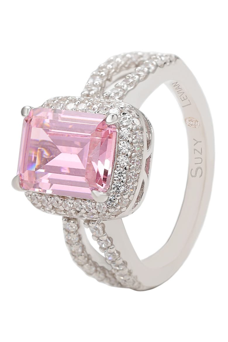 Sterling Silver Pink Emerald CZ Pavé Halo Ring, Alternate, color, PINK