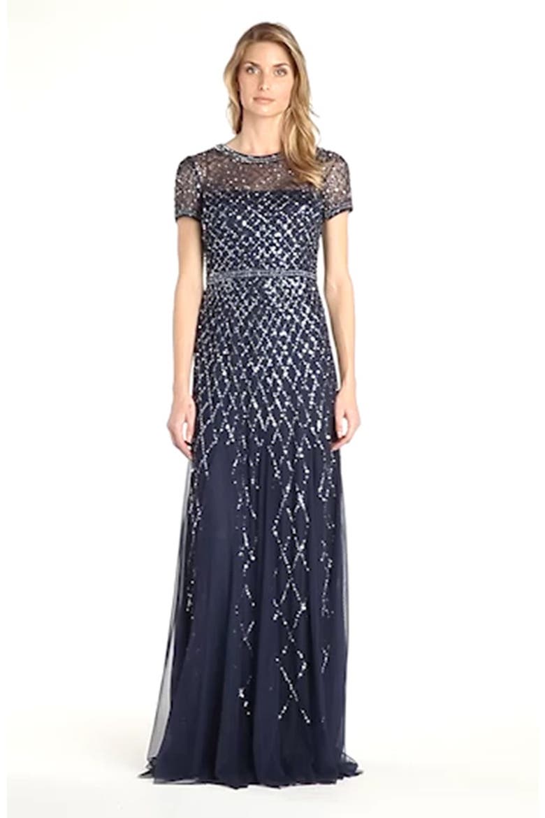 Beaded Mesh Gown, Alternate, color, NAVY