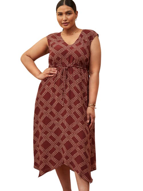 Live Unlimited Geo Print V-neck Hanky Hem Dress In Brown