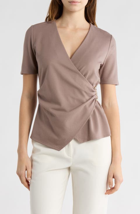 Cappuccino Short Sleeve Faux Wrap Top