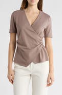 BY DESIGN Cappuccino Short Sleeve Faux Wrap Top