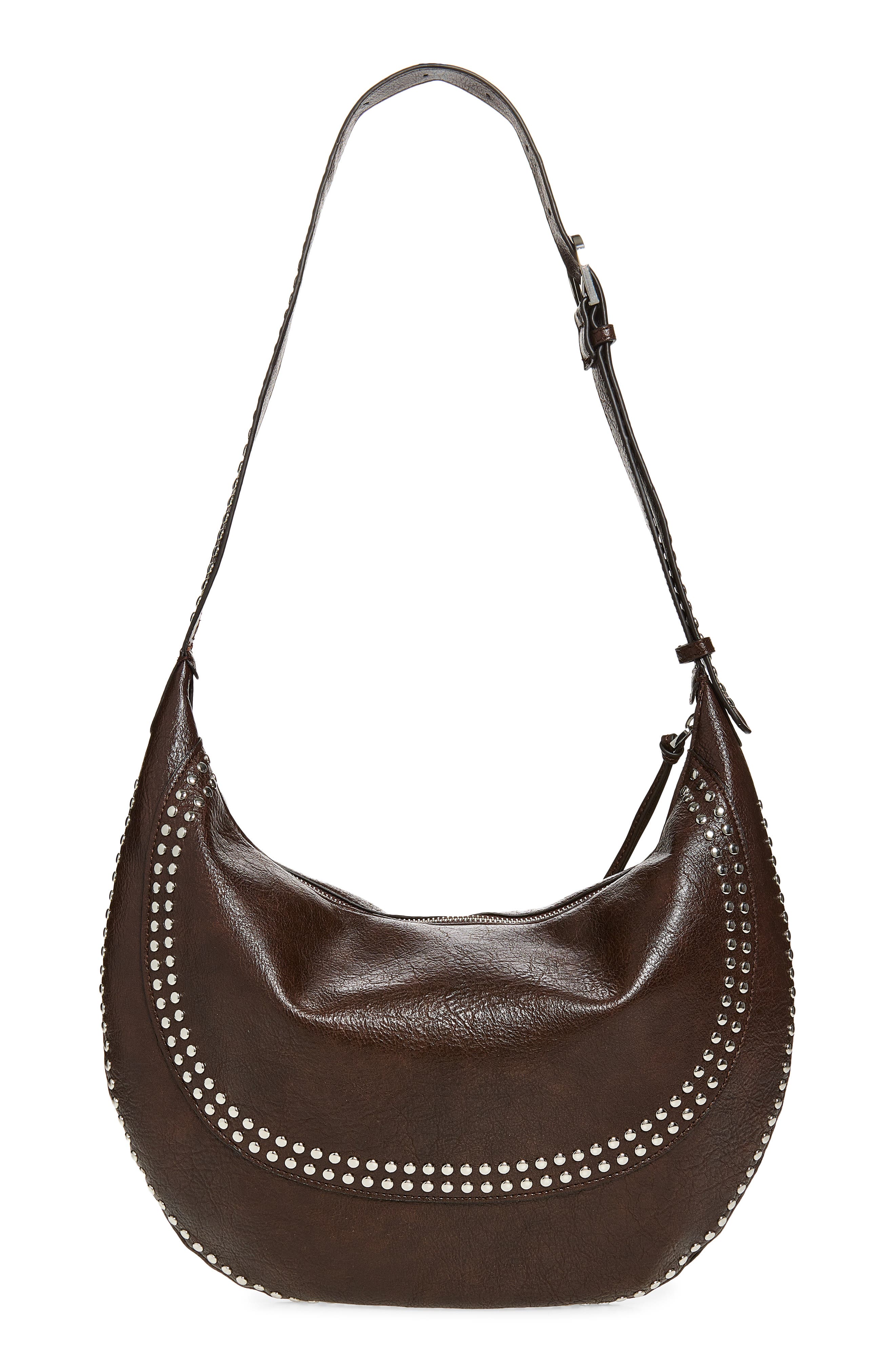 Studded Faux Leather Shoulder Bag, Alternate, color, CHOCOLATE