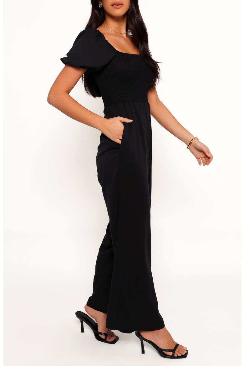 Jolene Smocked Puff Sleeve Jumpsuit, Alternate, color, BLACK
