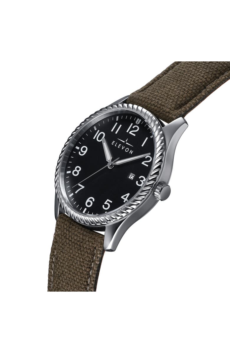 Elevon Crosswind Canvas-Overlaid Leather-Band Watch w/ Date, Alternate, color, Black/Olive