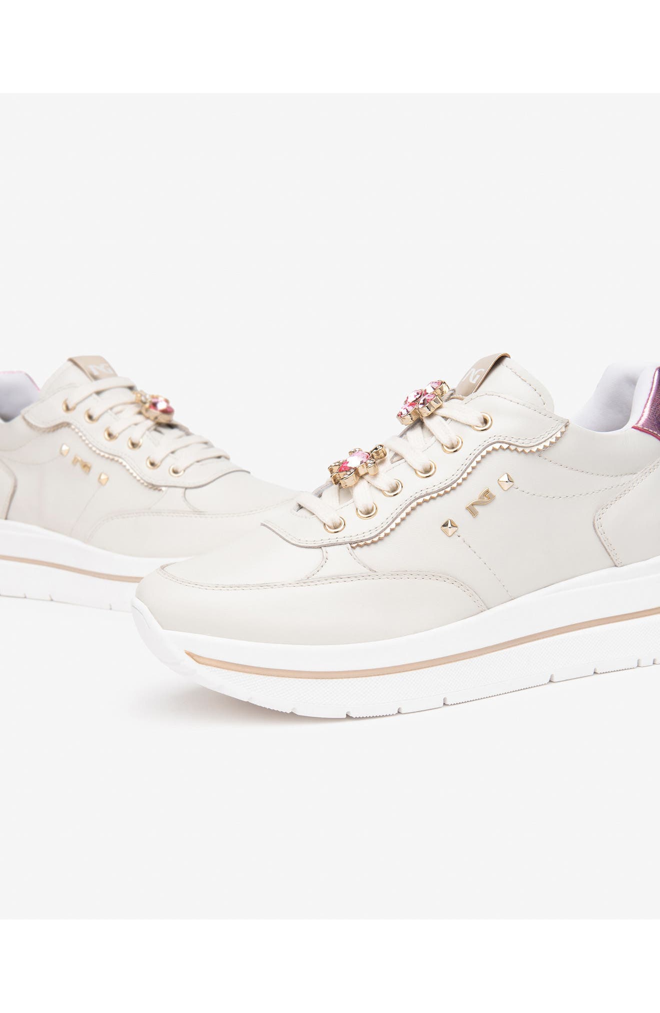 Crystal Embellished Lace-Up Sneaker, Alternate, color, BEIGE MULTI