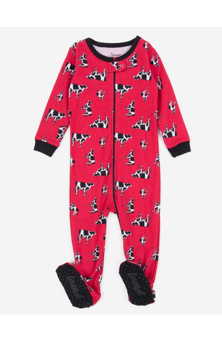 Leveret Footed Printed Cotton Pajamas, Animal, Holiday & Fun Prints, Main, color, Cow Red