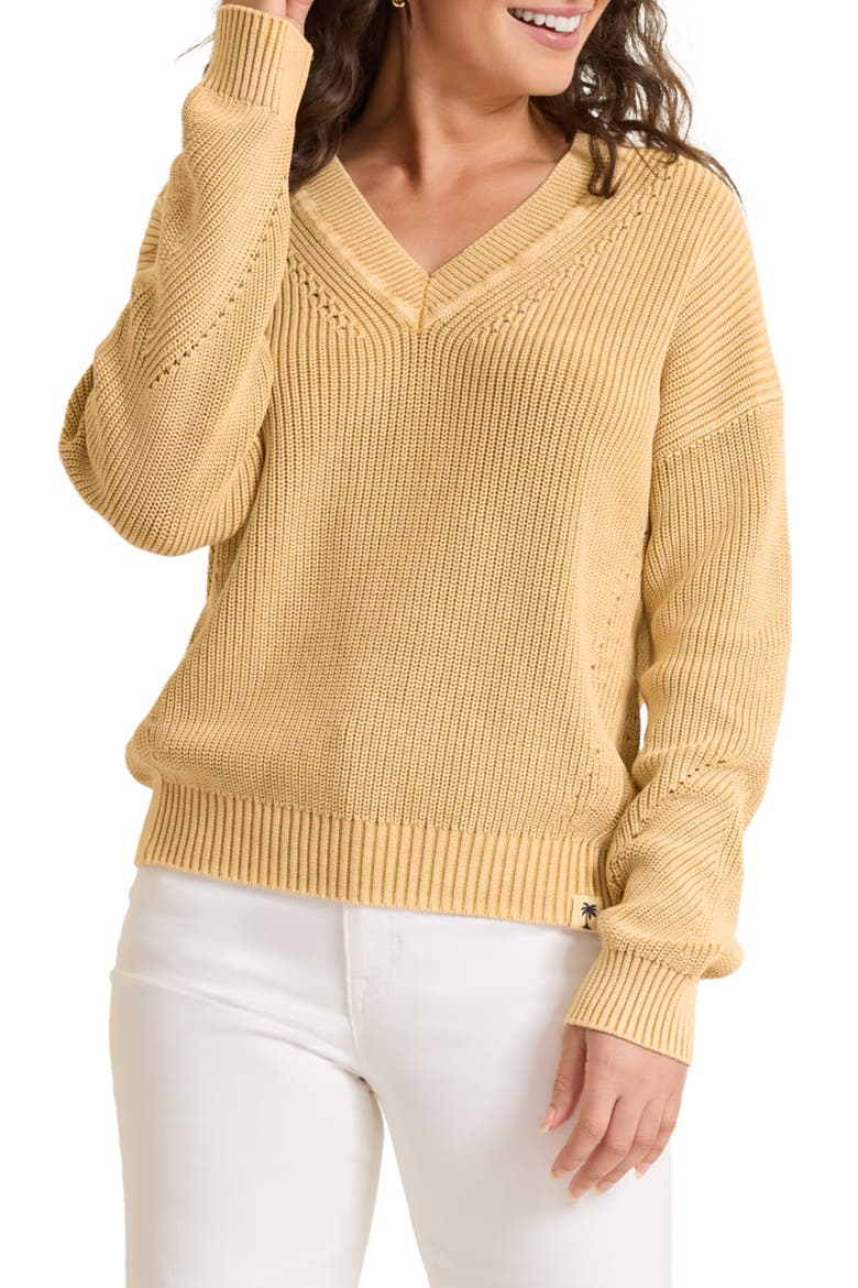 Indigo Palms Cotton V-Neck Sweater, Alternate, color, GOLDEN HONEY