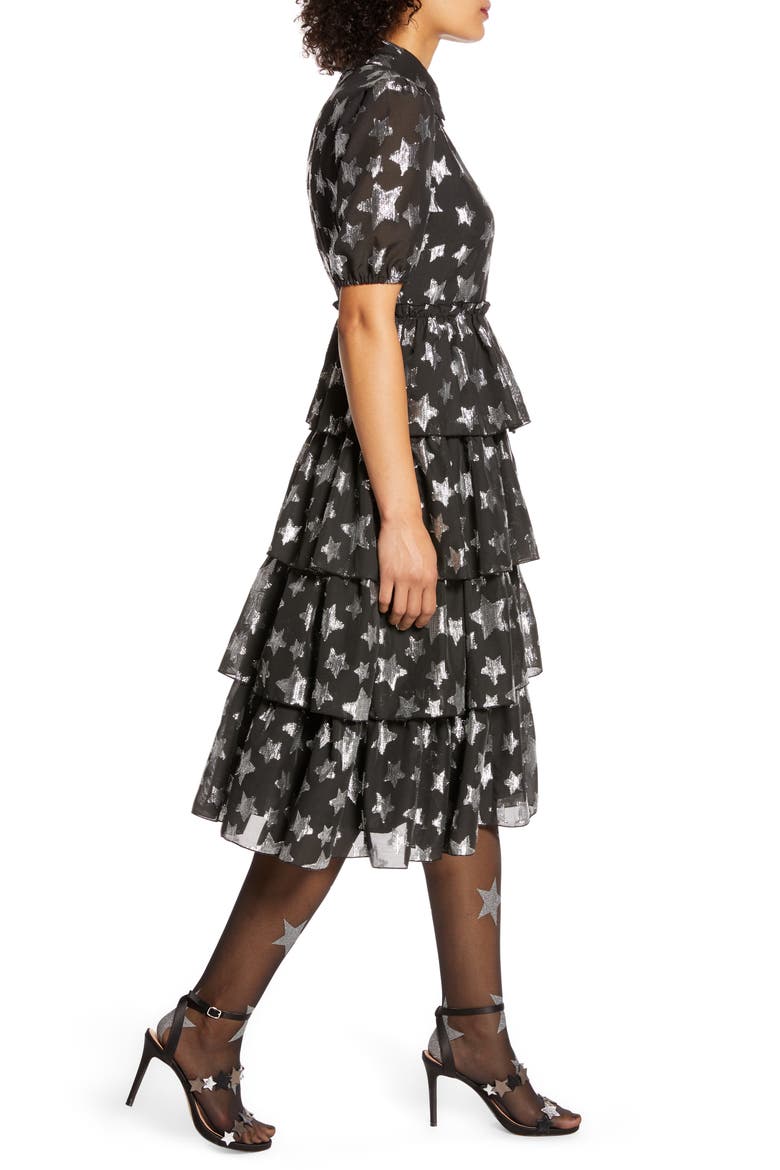 x Atlantic-Pacific Metallic Star Chiffon Dress (Nordstrom Exclusive), Alternate, color, BLACK- SILVER STARLIGHT PTN