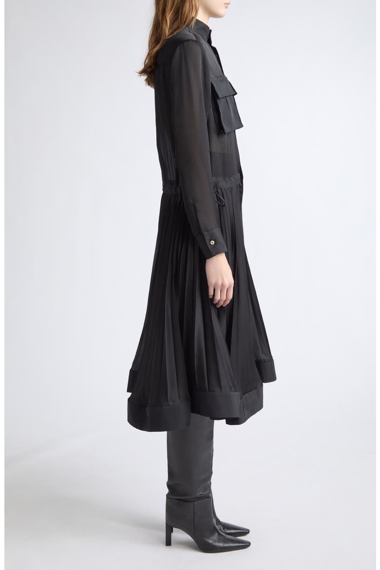 Taffeta Bonding & Satin Pleated Midi Dress, Alternate, color, BLACK