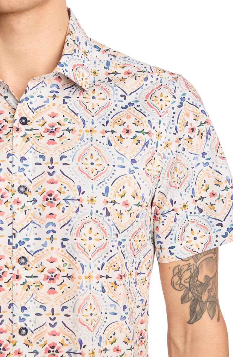 PAISLEY & GRAY Sawyer Short Sleeve Stretch Cotton Button-Up Shirt, Alternate, color, White Peach Blue Mosaic