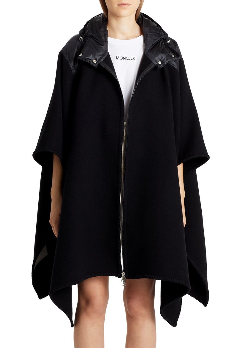 Mantella Down Hood Logo Jacquard Wool Cape, Main, color, BLACK
