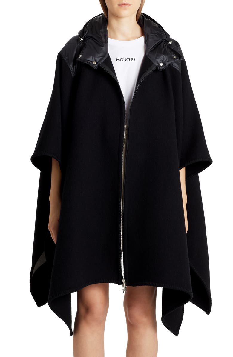 Moncler Mantella Down Hood Logo Jacquard Wool Cape, Main, color, 