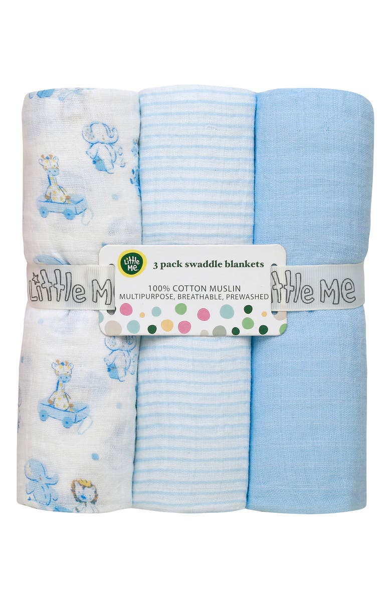 Little Me 3-Pack Cotton Muslin Swaddle Blankets, Main, color, Blue