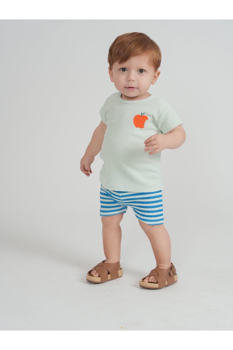 Boy Terry Peach Chest Artwork T-Shirt & Striped Shorts Two Piece Set, Alternate, color, Sage