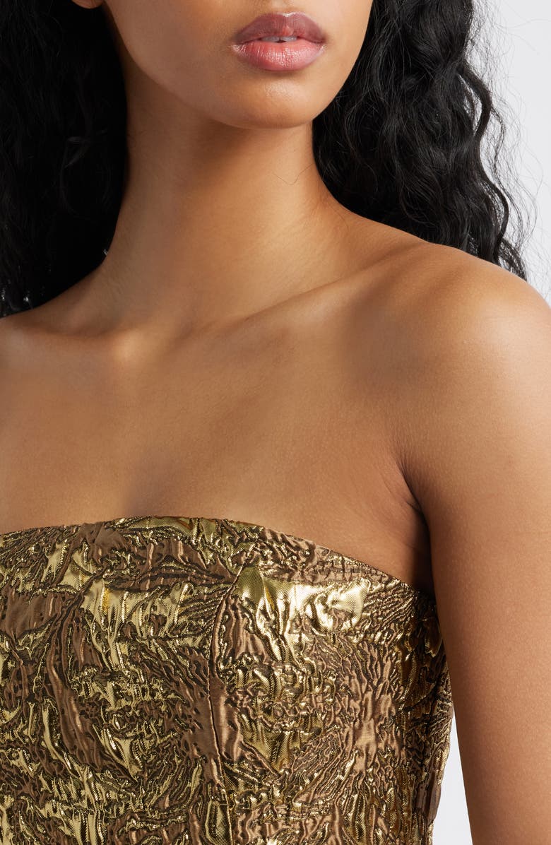 Lulus Kya Metallic Brocade Strapless Cocktail Dress, Alternate, color, Gold