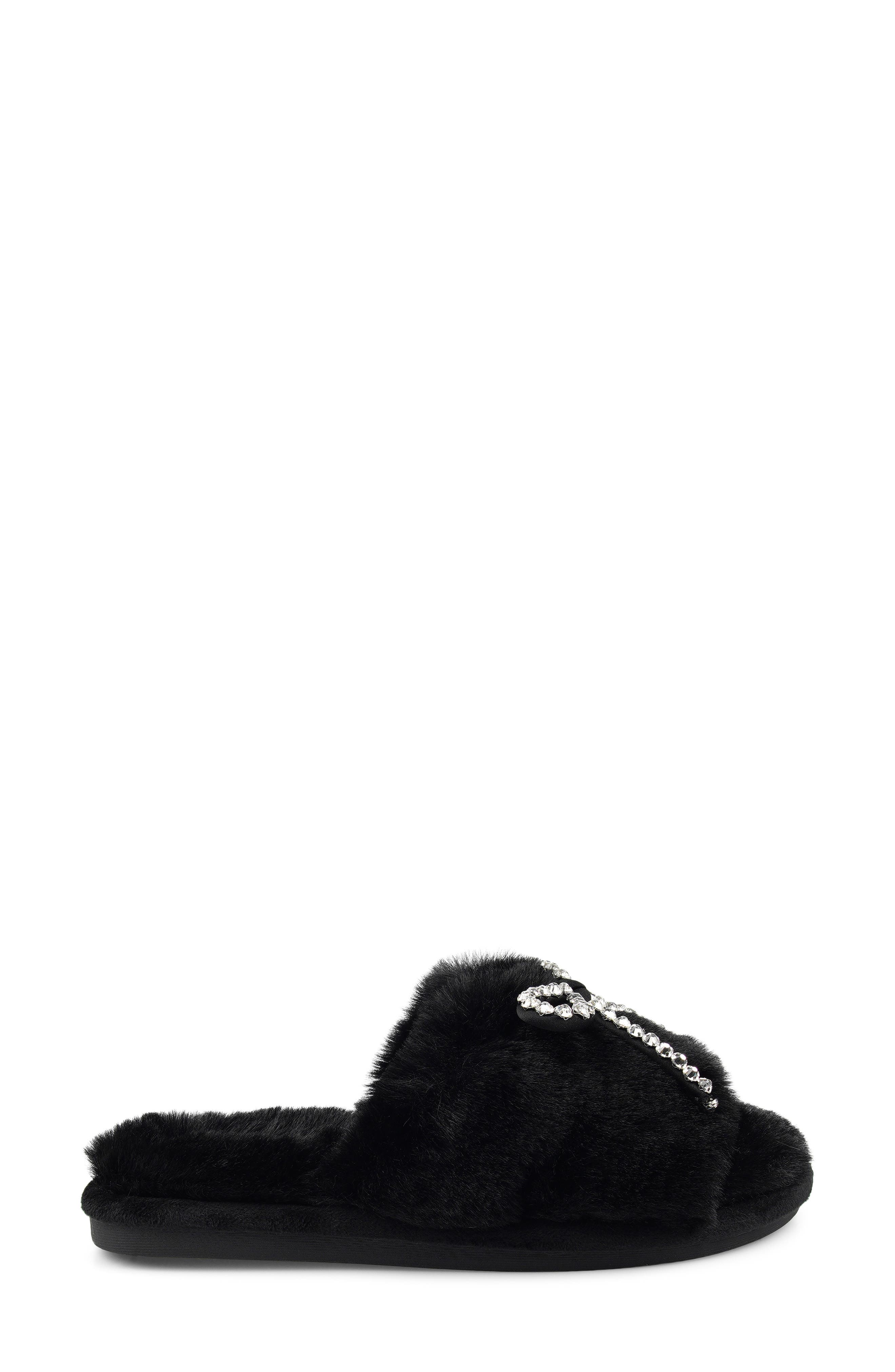 Candie's Franney Bow Embellished Faux Fur Slipper, Alternate, color, Black