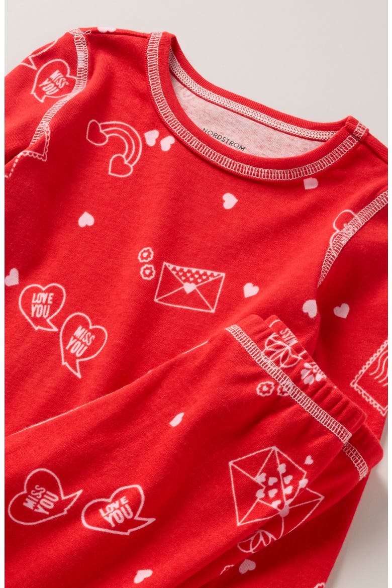 Kids' Print Fitted Cotton Two-Piece Pajama Set, Alternate, color, RED VALENTINE CARDS