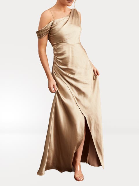 Asymmetric Bardot Satin Bridesmaid Dress
