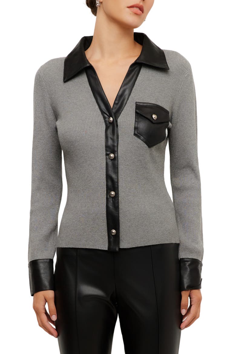Isabella Faux Leather Trim Ribbed Top, Main, color, GRAY