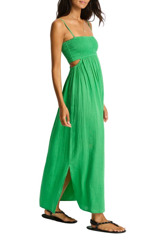 Sea Level Smocked Bodice Cotton Seersucker Cover-up Dress In Green