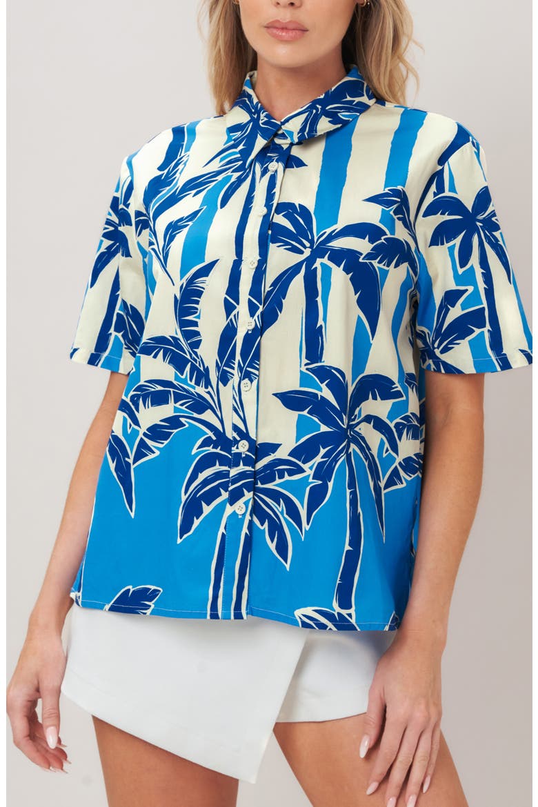 Palm Print Striped Cotton Shirt, Alternate, color, BLUE